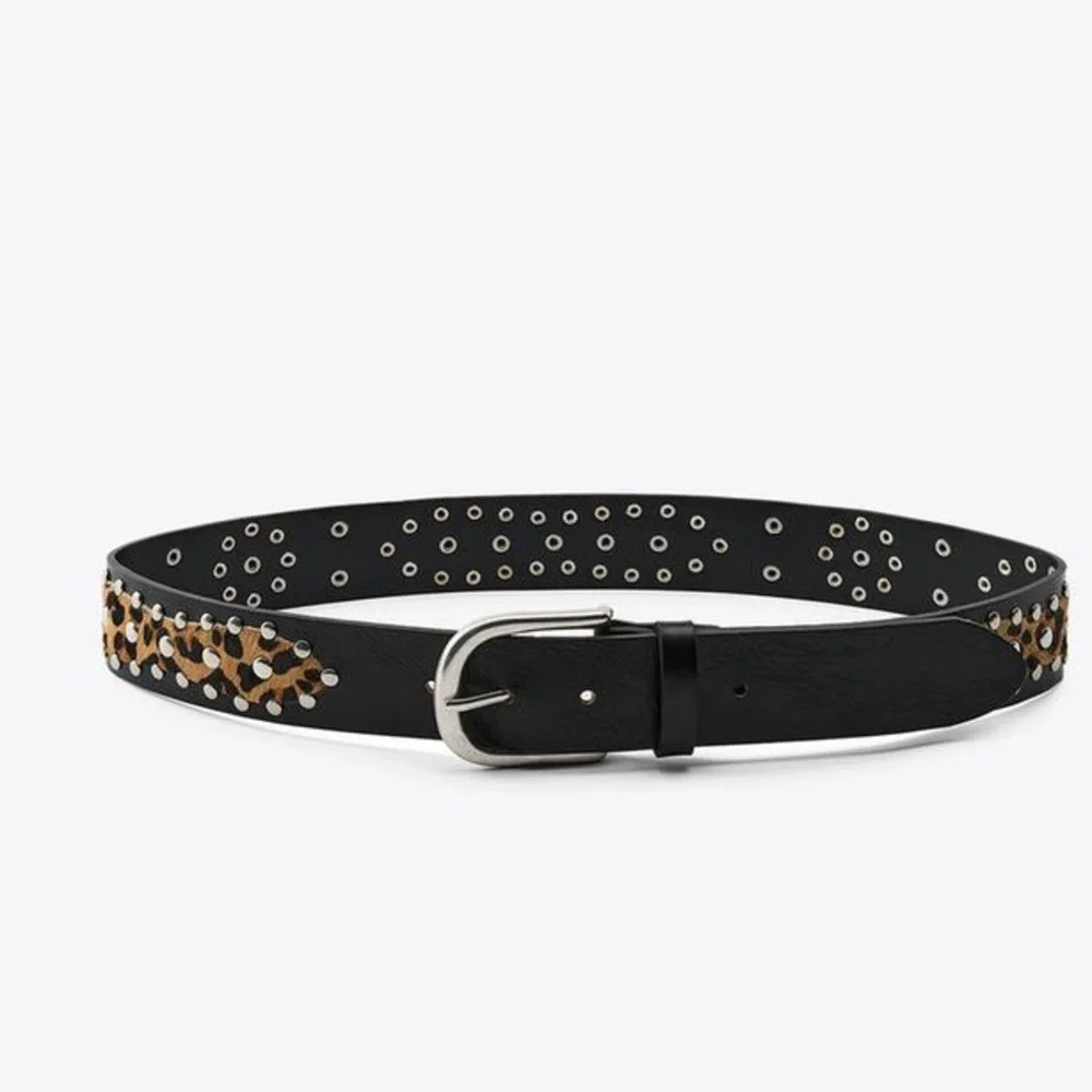 NWT. Zara Black Leather Animal Print Studded Belt. Size 32.